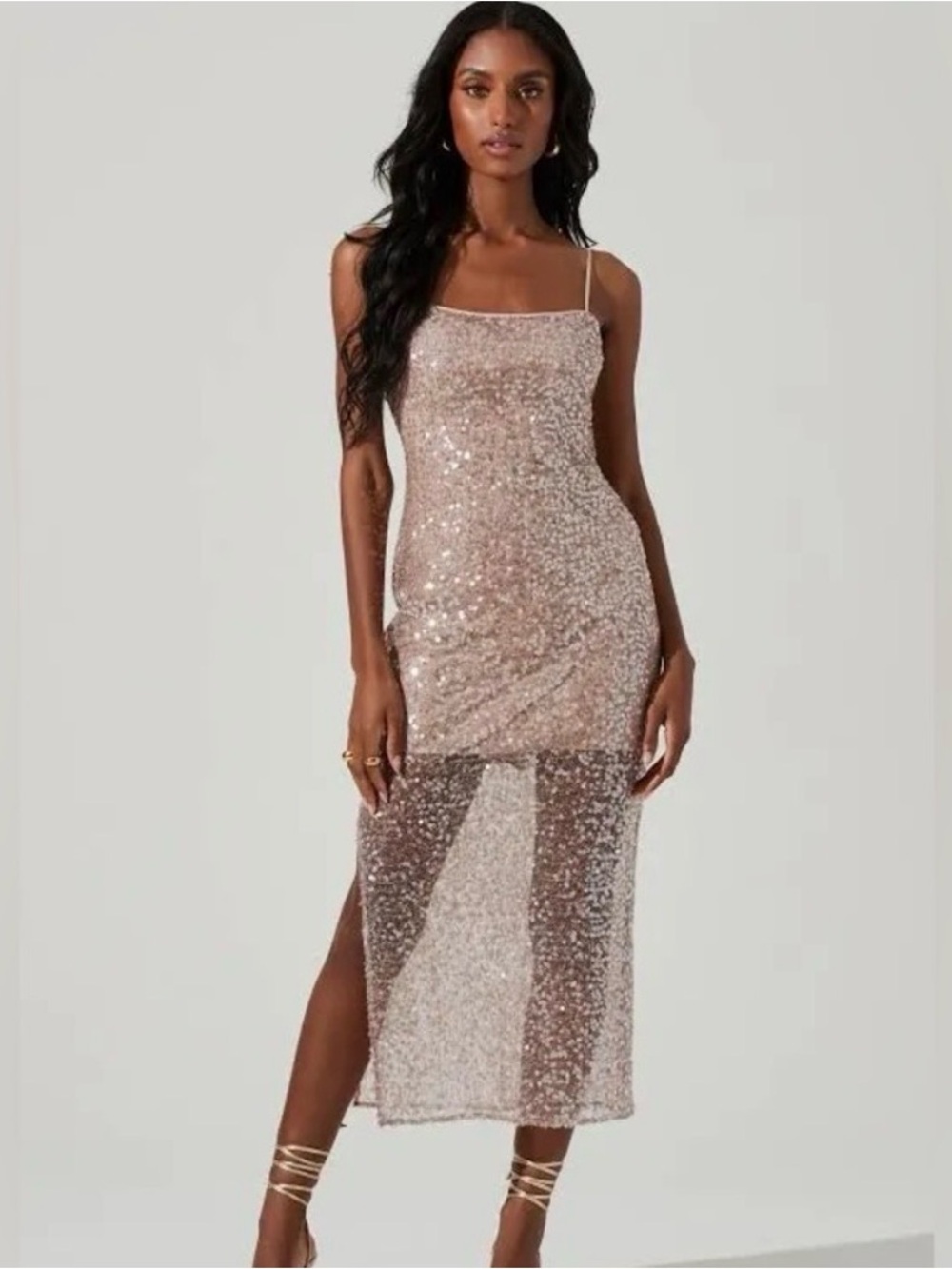 Astr Sequin Slip Midi Dress in Champagne